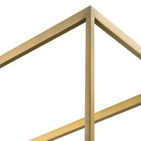 Additional view of Omega Etagere in brushed brass gold and smoke gray, featuring five fixed glass shelves.