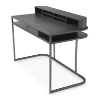 Desk Highland, shown in charcoal gray and dark gray with wood, metal, and integrated rear hutch with open cubby compartments.