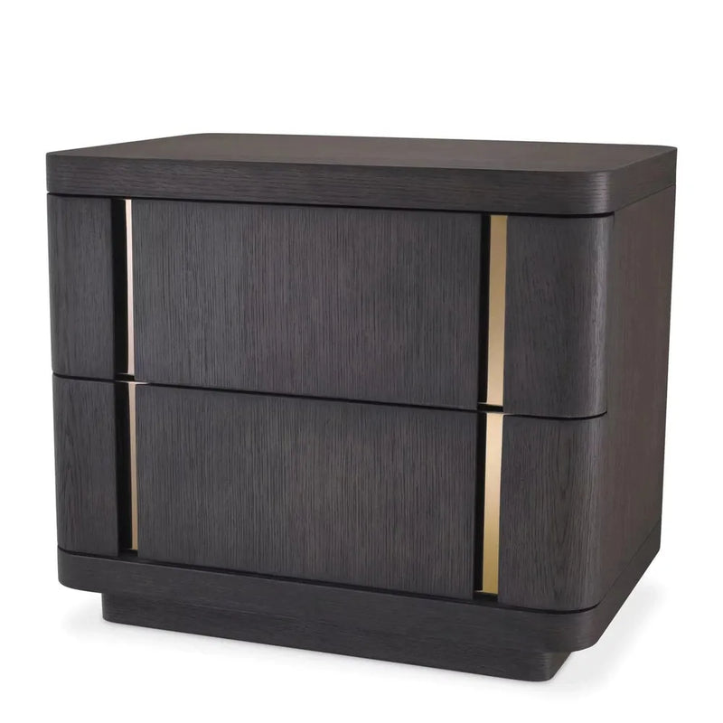 Bedside Table Modesto, shown in dark mocha brown and charcoal with oak wood veneer, metal, and two full-width drawers.