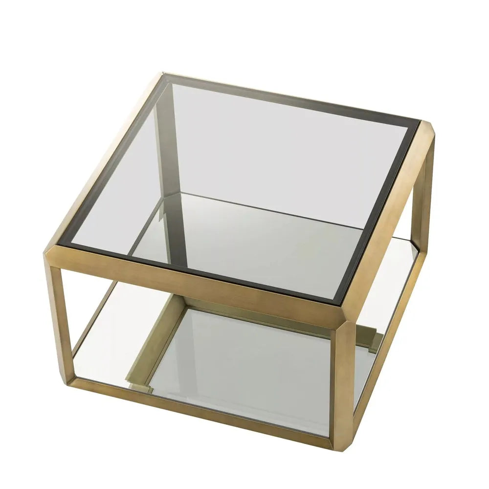 Additional view of Side Table Callum in brass gold and clear, featuring mirrored finish and lower mirrored shelf storage.