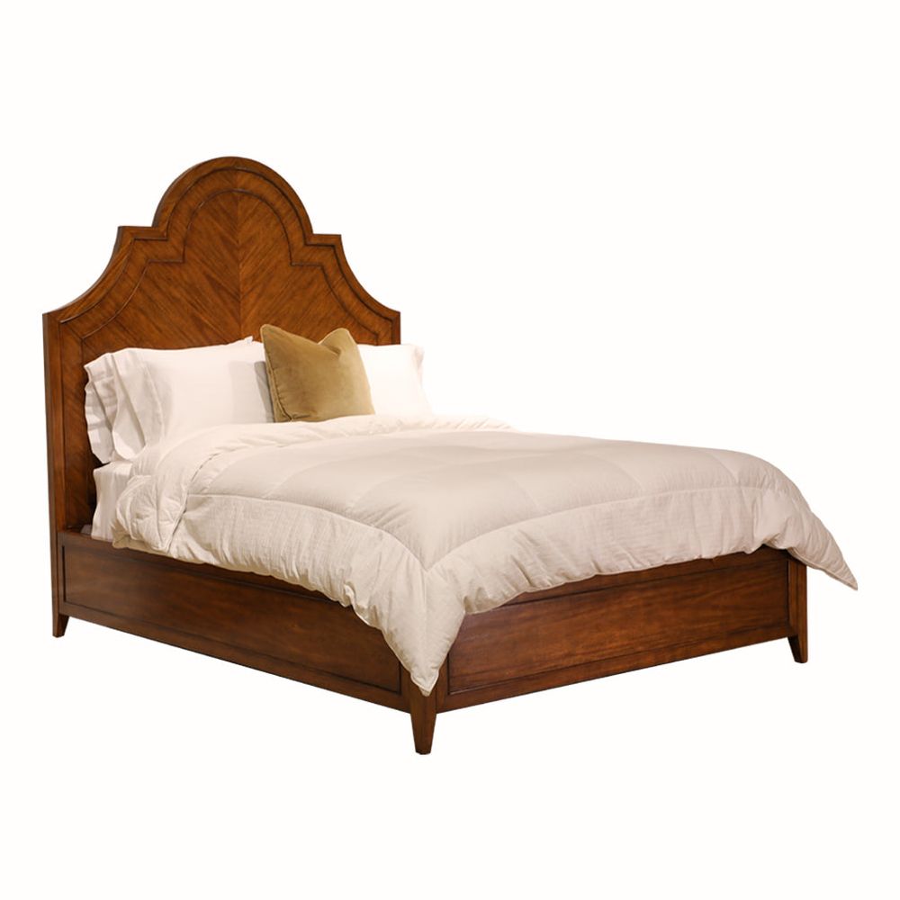 Fairfield King Bed, shown in warm medium brown and honey walnut with wood, wood veneer, and high fixed headboard.