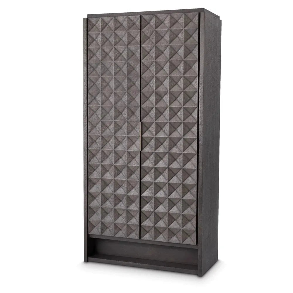 Jane Cabinet, shown in charcoal gray and dark brown with wood, brass, and two full-height hinged doors.