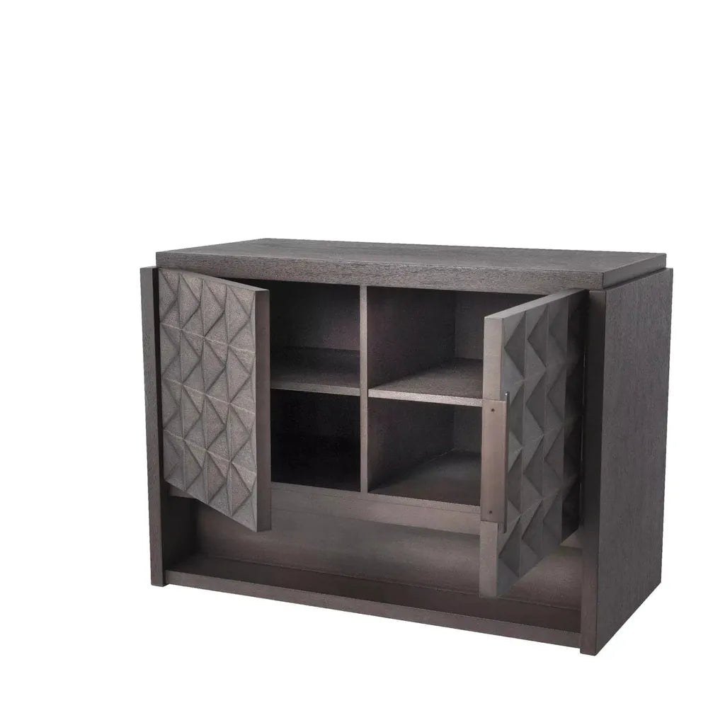 Alternate view of Dresser Jane, featuring dimensional carved relief, wood, wood veneer, and two hinged cabinet doors.