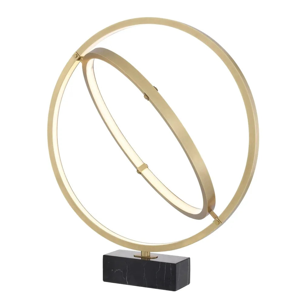Table Lamp Cassini, shown in brushed gold and black with metal, marble, and integrated led ring light sources.
