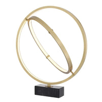 Table Lamp Cassini, shown in brushed gold and black with metal, marble, and integrated led ring light sources.