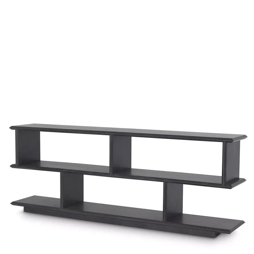 Garcia Console, shown in charcoal gray and dark espresso with wood and open cubby shelving.