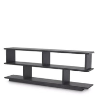 Garcia Console, shown in charcoal gray and dark espresso with wood and open cubby shelving.