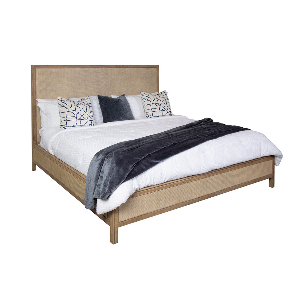 Canna Queen Bed, shown in light natural wood and beige cane with wood, cane rattan, and a platform bed frame.