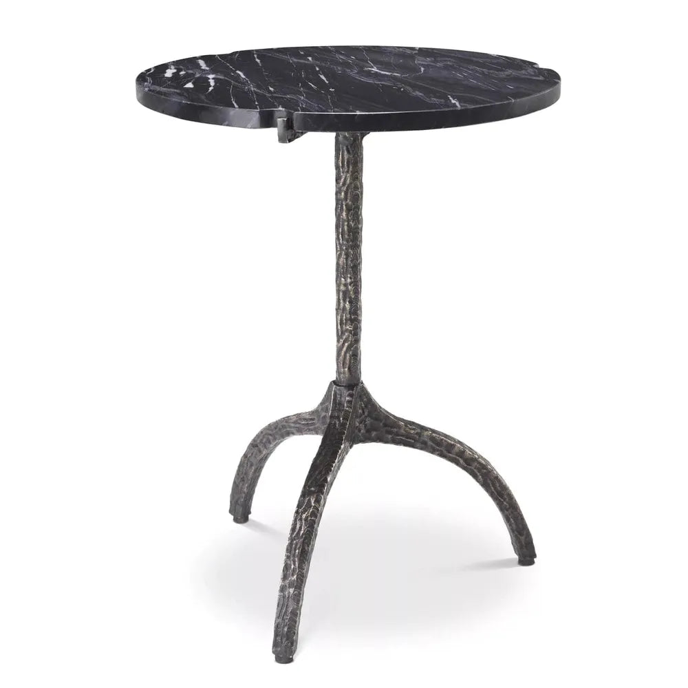 Side Table Cortina, shown in black and white with marble, metal, and a round marble top.