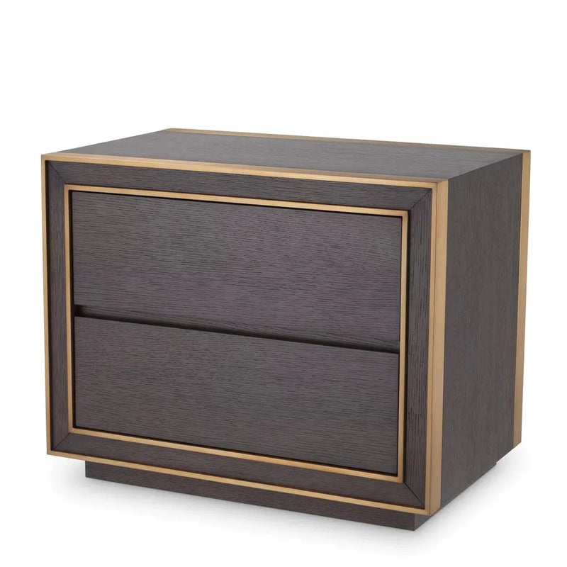 Bedside Table Camelot, shown in dark brown and brass gold with oak veneer, brass, and two stacked flush drawers.