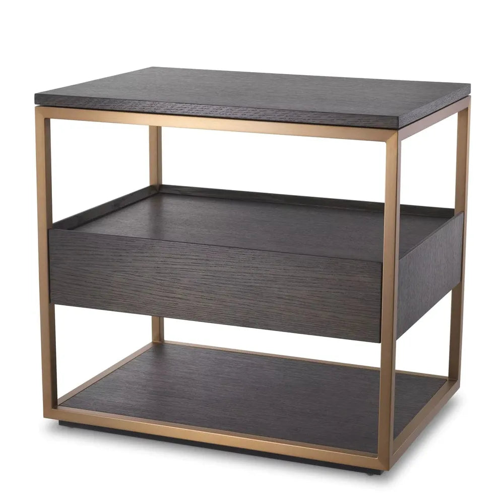 Side Table Parker, shown in mocha brown and dark charcoal gray with oak veneer, metal, and single full-width drawer.