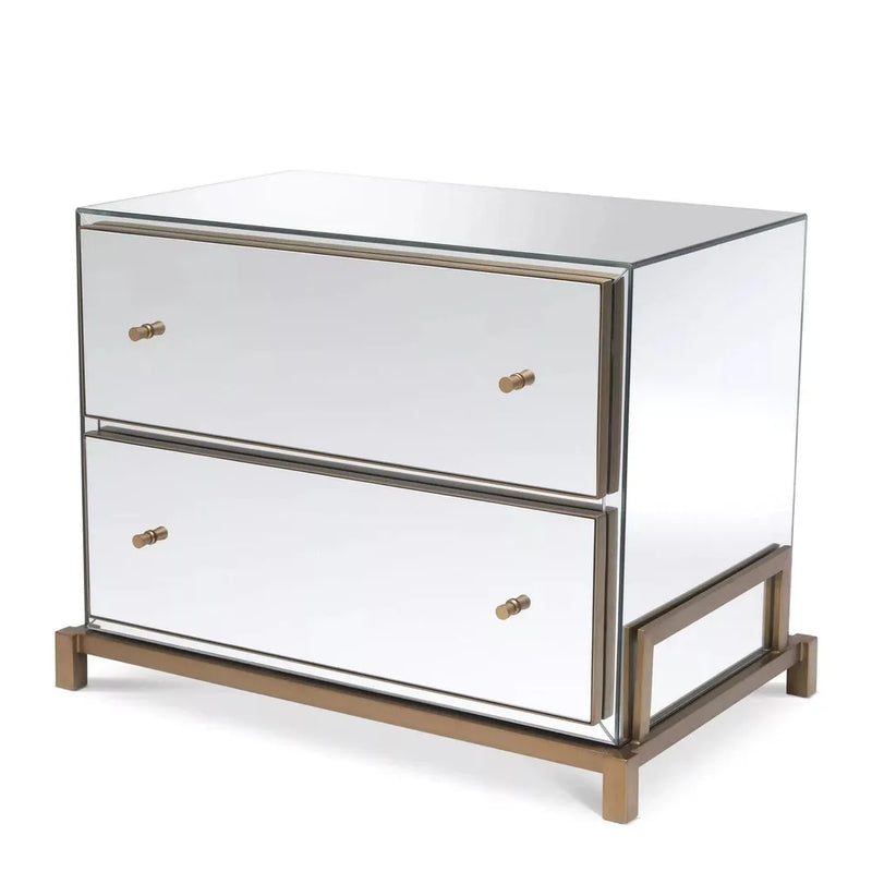 Bedside Table Clarington, shown in mirror silver and brushed brass gold with mirror glass and metal.