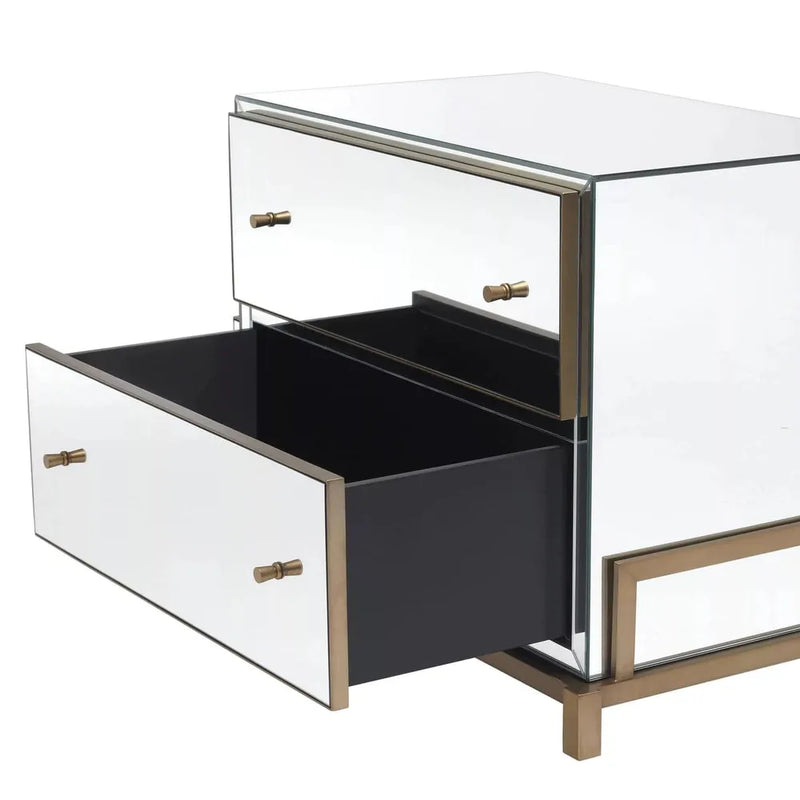 Alternate view of Bedside Table Clarington, featuring mirrored finish, mirror glass, metal, and two full-extension drawers.