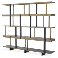 Mercure Large Etagere, shown in antique brass and matte black with metal, glass, and multi-tier open shelving.