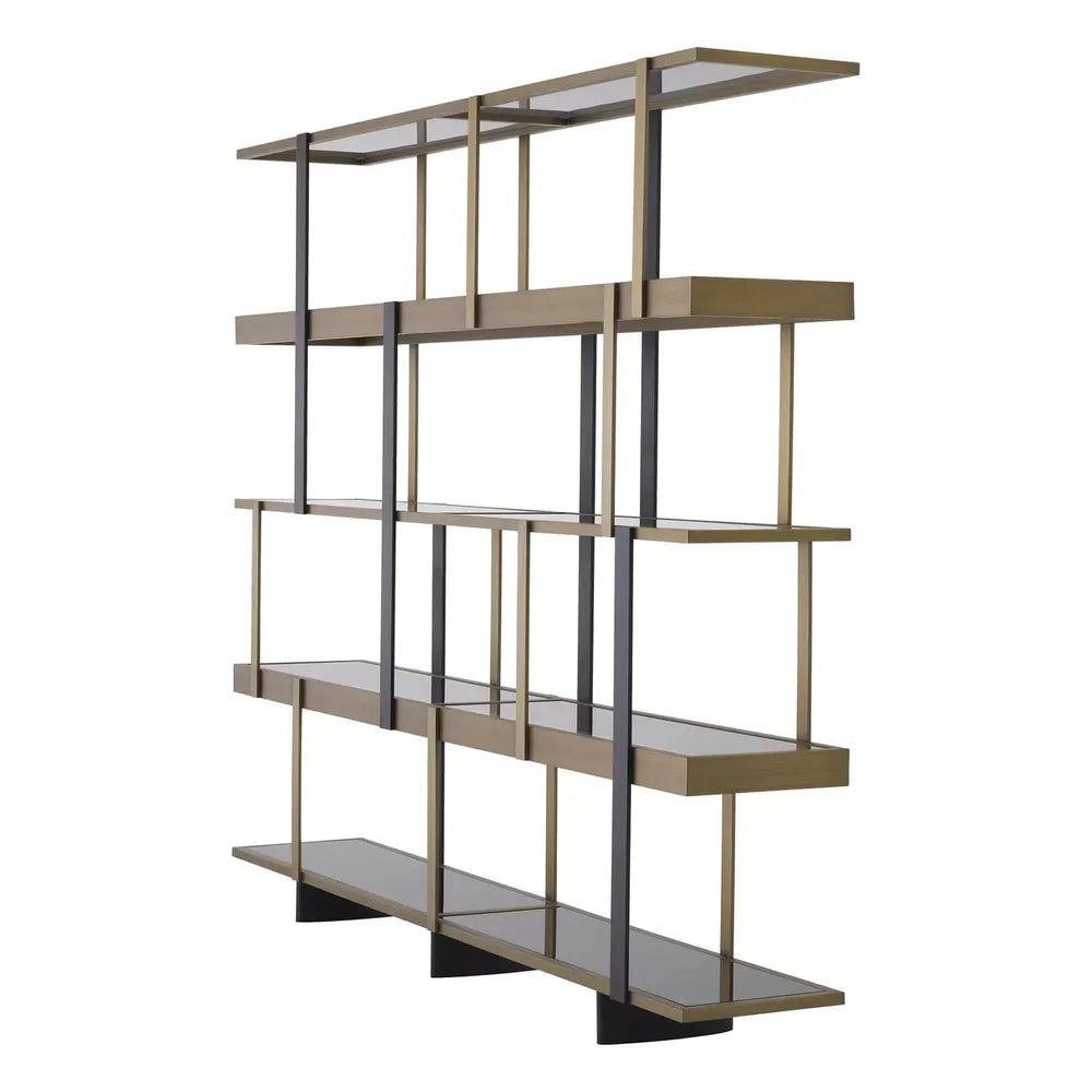 Additional view of Mercure Large Etagere in antique brass and matte black, featuring multi-tier open shelving.