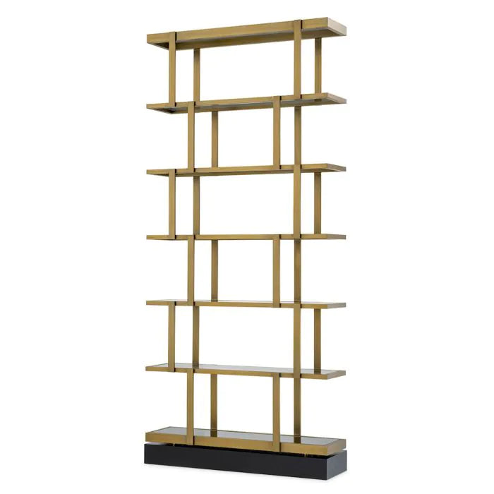Cabinet Nesto brushed brass finish, shown in brushed brass gold and black with brass-finished metal and glass.