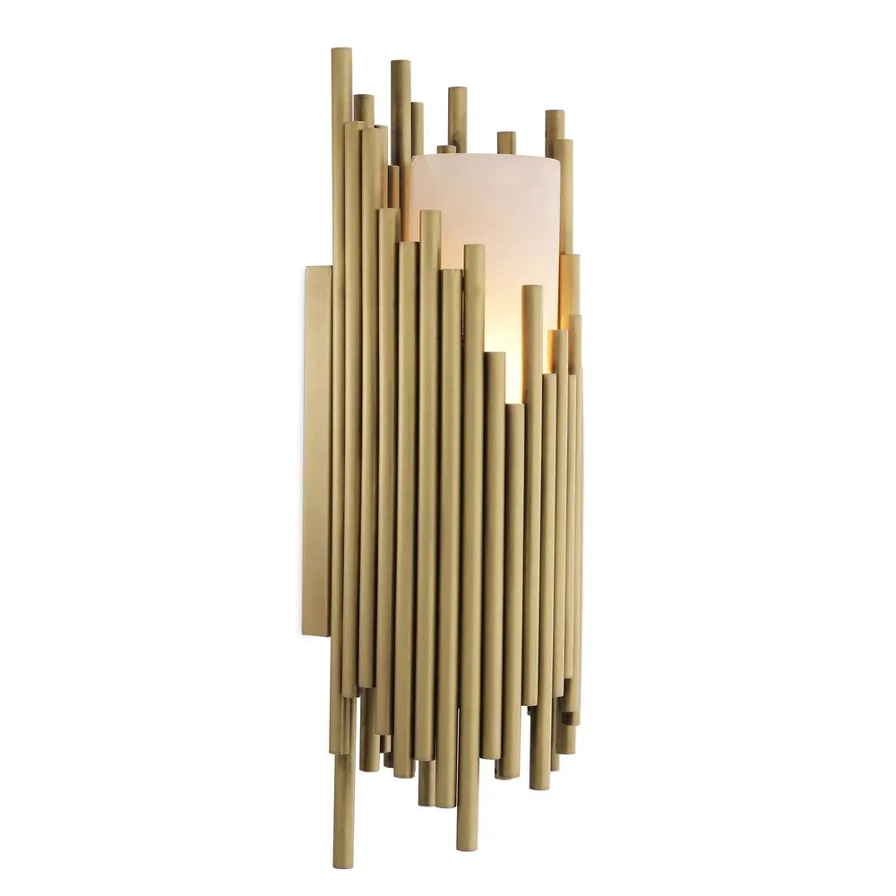 Wall Lamp Bartoli, shown in brushed gold and warm brass with metal, frosted glass, and a wall-mounting backplate.