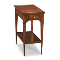 Beaumont Drink Table, shown in warm medium brown and chestnut with wood, brass, and single shallow drawer with centered knob.