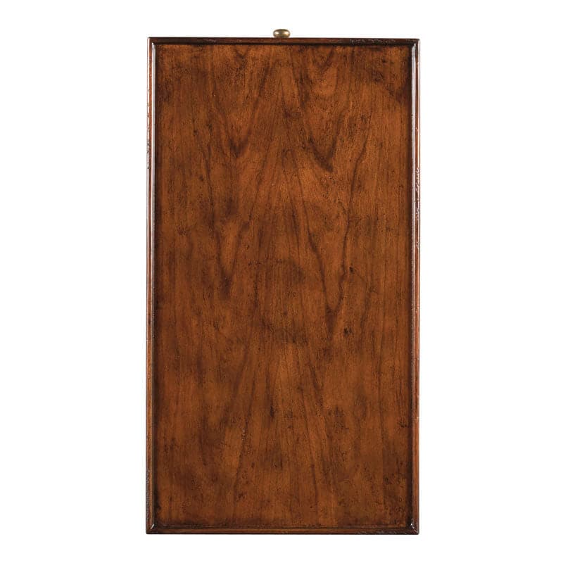 Alternate view of Beaumont Drink Table, featuring stained finish, wood, brass, and single shallow drawer with centered knob.