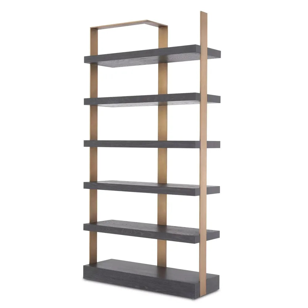 Geo Bookcase, shown in charcoal grey and brushed brass with oak veneer, metal, and six open fixed shelves.