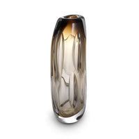 Vase Sianni, shown in amber-brown and smoky taupe with handcrafted glass and open top vessel for floral stems.
