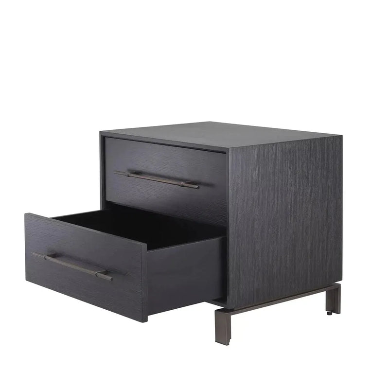 Alternate view of Bedside Table Canova, featuring brushed bronze metal, oak veneer, wood, and two full-extension drawers.