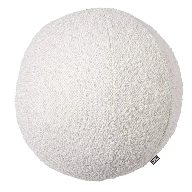 Cushion Palla L Boucle cream, shown in cream and off-white with bouclé fabric and spherical non-structural form.