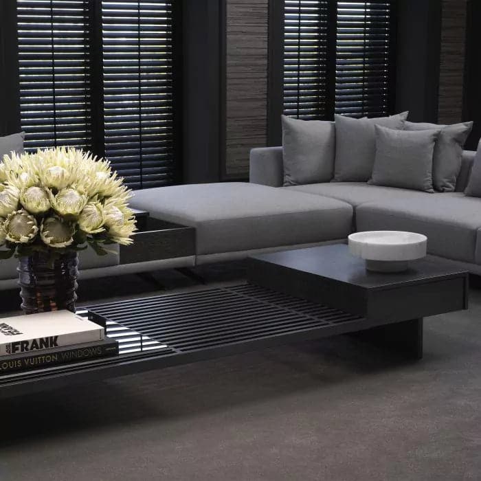 Alternate view of Coffee Table The Crest, featuring matte finish, wood, glass, and integrated drawer storage.