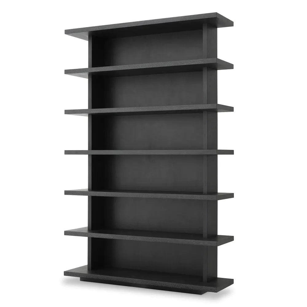 Malibu Bookcase, shown in charcoal and black with oak veneer, wood, and seven fixed open shelves.