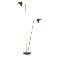 Floor Lamp Asta Double, shown in black and brass gold with metal, brass, and dual independently positioned lamp heads.