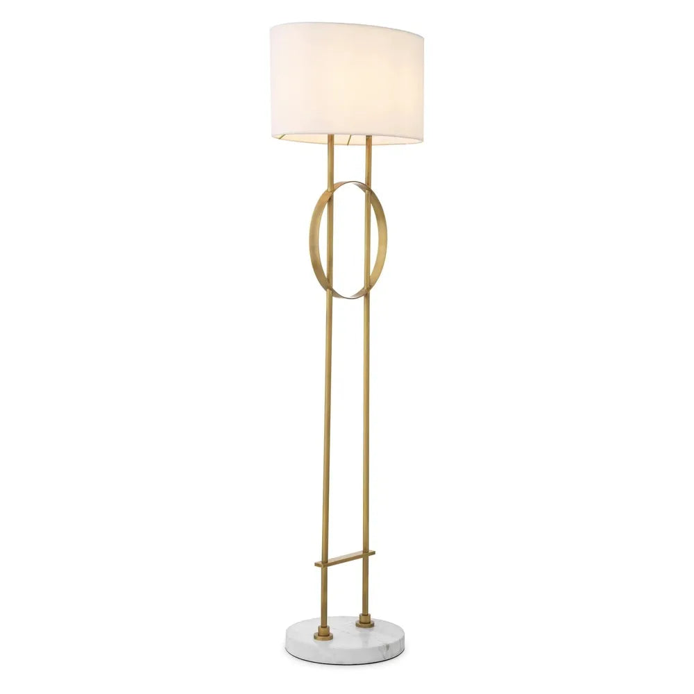 Floor Lamp Kaiser Antique Brass Finish, shown in antique brass gold and off-white with metal and fabric.