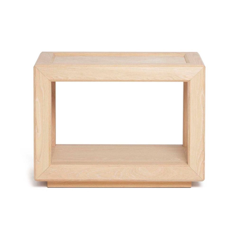 Walsh Side Table, shown in light natural oak and beige stone with oak wood, stone, and inset stone tabletop.