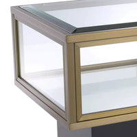 Additional view of Side Table Ryan, featuring mirrored finish, glass, brass metal, and pull-out glass drawer with round knob.