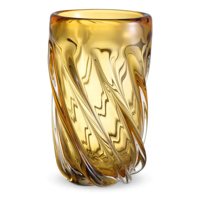 Additional view of Vase Angelito in teal and amber, featuring glossy finish and thick-walled glass.