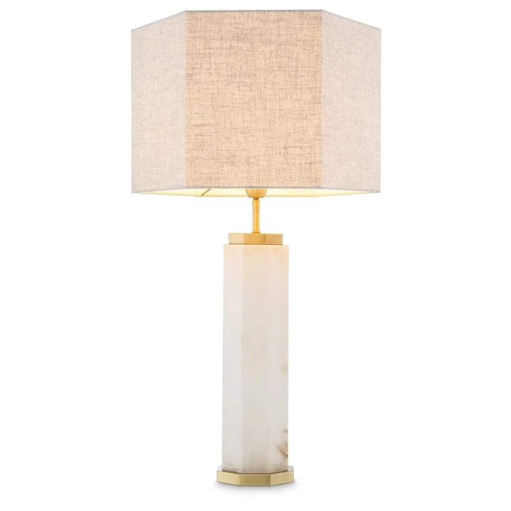 Table Lamp Newman, shown in white and beige with alabaster, linen, and a hexagonal shade.