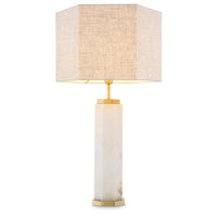 Table Lamp Newman, shown in white and beige with alabaster, linen, and a hexagonal shade.