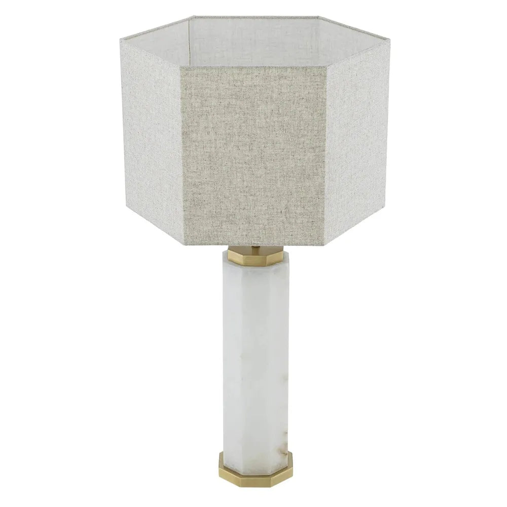 Alternate view of Table Lamp Newman, featuring honed finish, alabaster, linen, and a hexagonal shade.