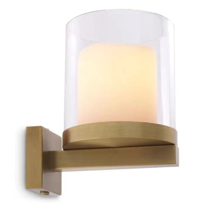 Wall Lamp Donovan, shown in brushed brass and clear with brass, glass, and a wall-mounting backplate.