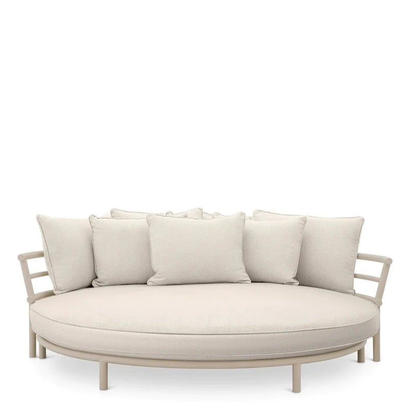 Sofa Laguno Round, shown in beige and off-white with metal, woven fabric, and round daybed platform.
