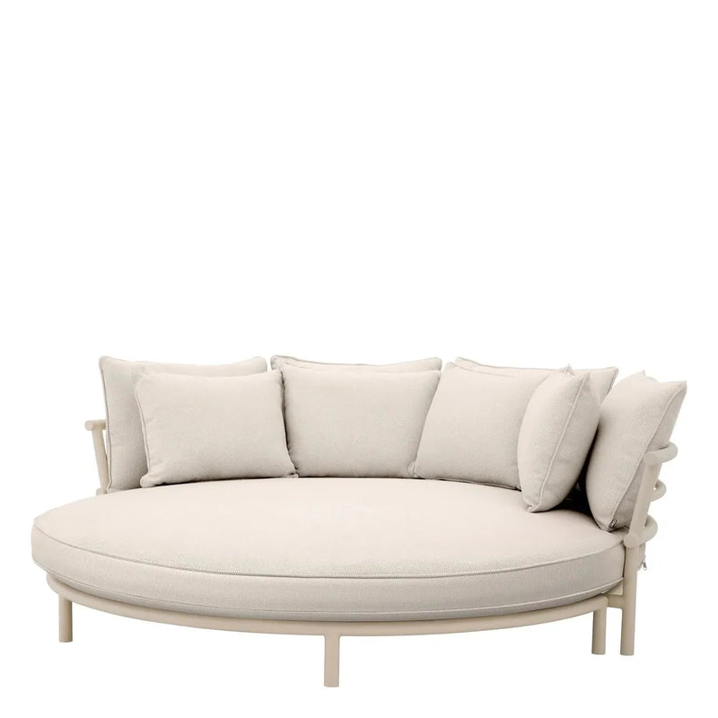 Alternate view of Sofa Laguno Round, featuring matte finish, metal, woven fabric, and round daybed platform.