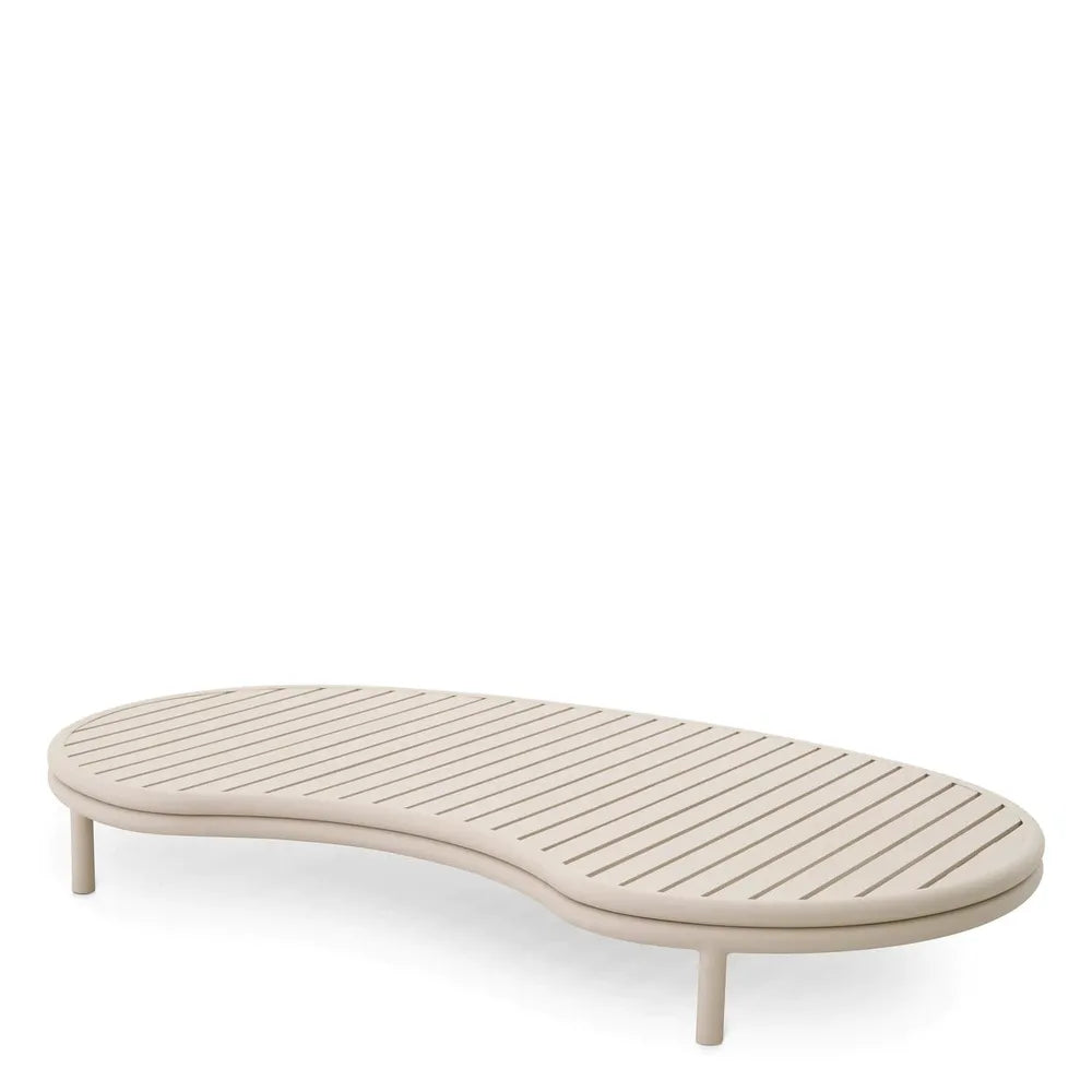 Coffee Table Laguno, shown in sand beige and warm off-white with metal and a slatted open top surface.