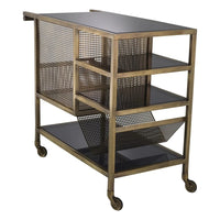 Additional view of Trolley Sterling Bar Cart in antique brass and black, featuring casters.