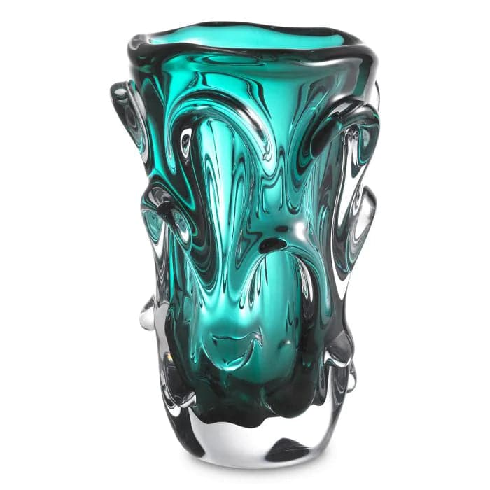 Vase Aila, shown in teal and cobalt blue with glass and thick-walled construction.