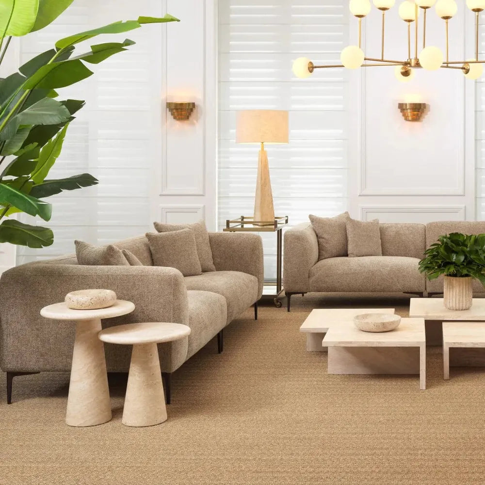 Additional view of Side Table Adriana in beige and cream, featuring honed finish and a solid conical pedestal base.