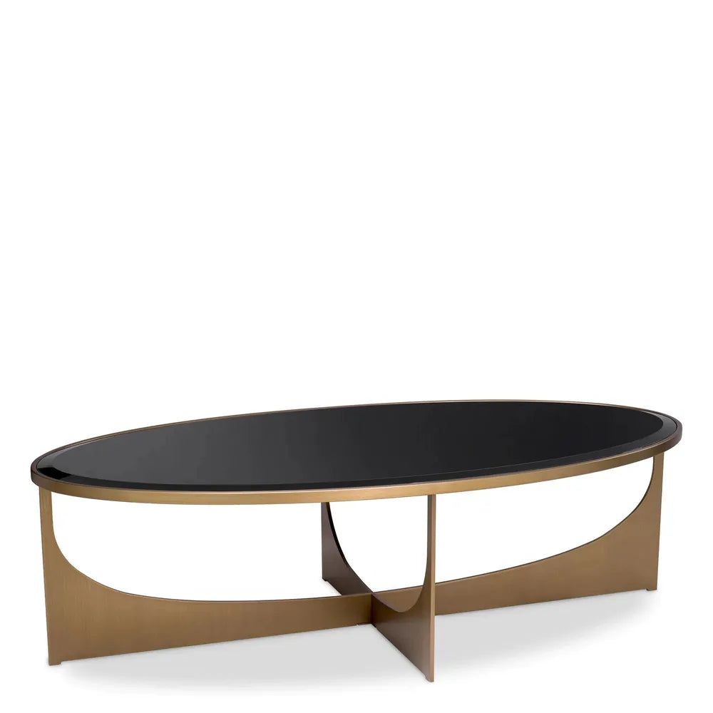 Coffee Table Elegance, shown in black and brass-gold with glass, brass, and fixed open metal base.