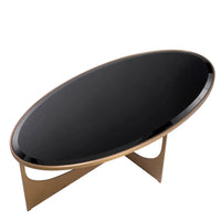 Alternate view of Coffee Table Elegance, featuring glossy finish, glass, brass, and fixed open metal base.