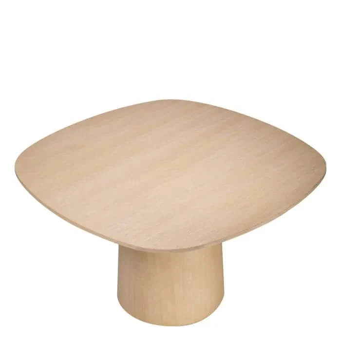 Alternate view of Dining Table Motto, featuring smooth clear-coated, wood, and a central pedestal base.