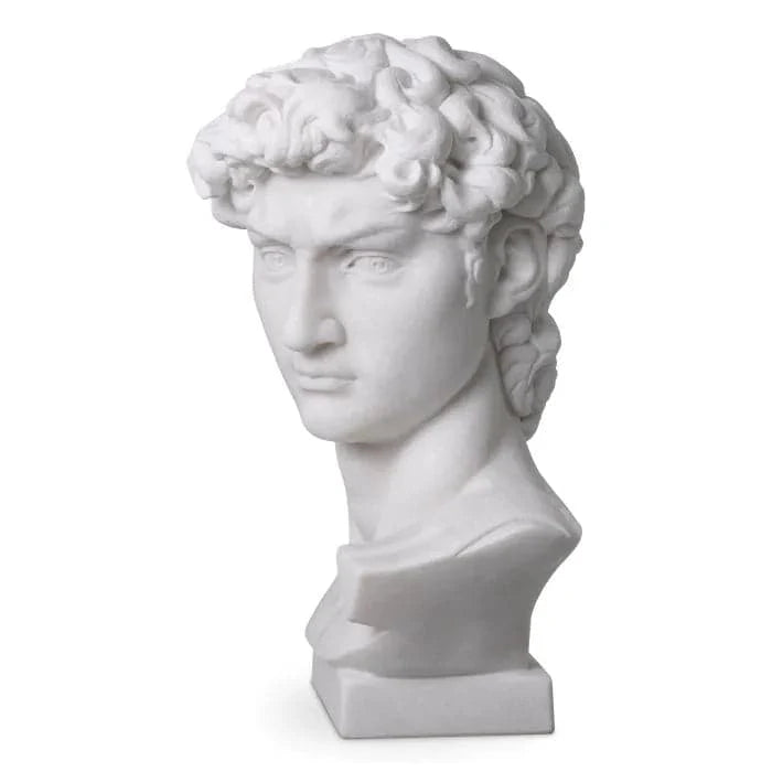 Additional view of Head David white marble, featuring matte stone finish, marble, and a integrated rectangular plinth base.