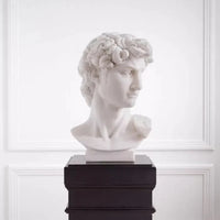 Alternate view of Head David white marble, featuring matte stone finish, marble, and a integrated rectangular plinth base.