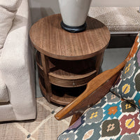Alternate view of Mercer Side Table, featuring brushed metal finish, wood, eucalyptus veneer, and three-tier open shelving.
